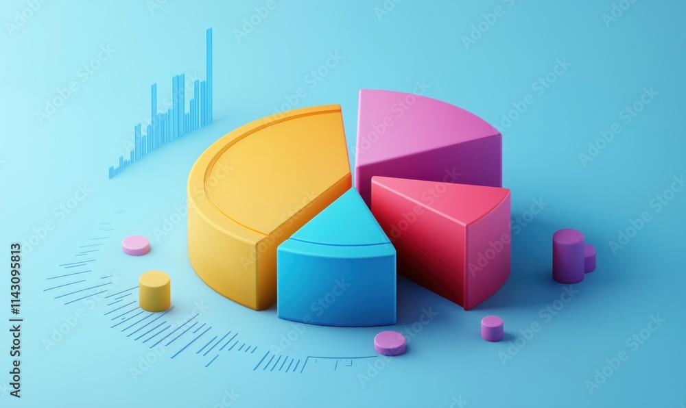 Poster 3d pie chart visualization with vibrant colors, showcasing data segments and bar graph elements, mod