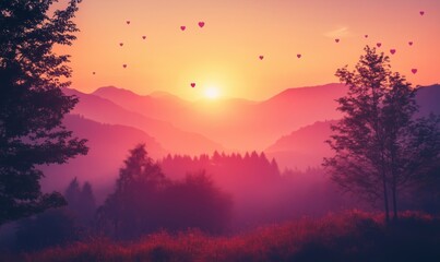 Fototapeta premium Romantic sunset over mountains with floating hearts, vibrant colors, serene landscape, silhouettes of trees, misty atmosphere