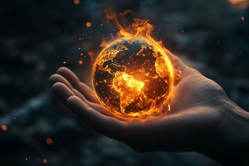 a hand holding a burning earth globe symbolizing the global warming and climate change crisis