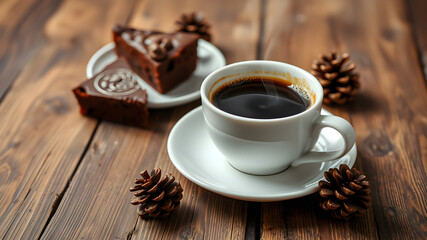 A rustic wooden table with a steaming cup of filter coffee, a chocolate cake slice, and pinecones. Generative AI