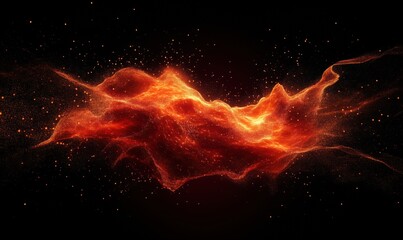 Fiery cosmic nebula with glowing particles, swirling orange and red hues, ethereal and dynamic appearance, dark background
