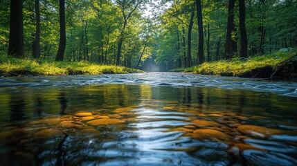 Sunlit stream flowing through lush green forest.