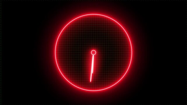 glowing neon red color clock animation icon watch wall clock dial analog clock timer circle animated on black background Clock icon neon light 24 hour day fast speed, and the  clock icon.