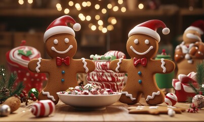 Obraz premium Gingerbread cookies with festive decorations, smiling faces, red bows, Christmas setting, surrounded by candy and ornaments