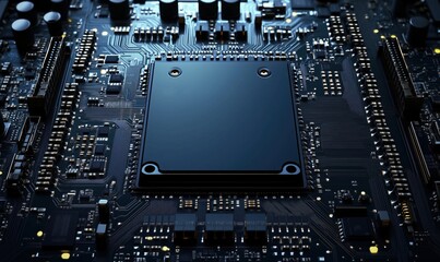 Fototapeta premium Circuit board close-up, intricate details of microchips and electronic components, dark background, illuminated pathways