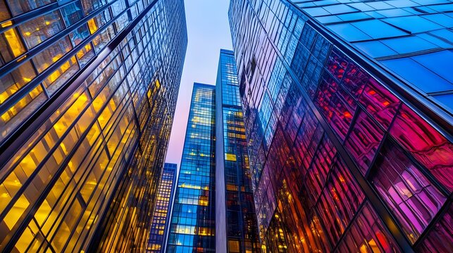A striking modern skyscraper with a facade of multicolored glass panels.