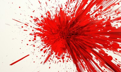 Red explosion abstract art, dynamic splashes and streaks of red paint on white background, vibrant and energetic composition