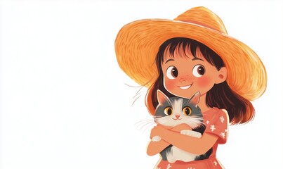 Girl holding cat, wearing straw hat, smiling, freckles, floral dress, cute illustration, bright colors
