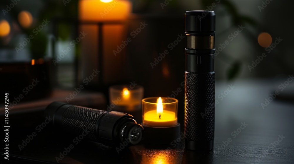 Poster a close-up of two black flashlights on a table with glowing candles in the background, creating a wa