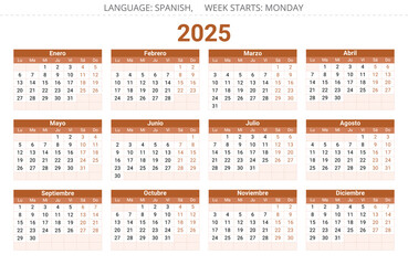 Spanish 2025 year calendar. Vector illustration Spain