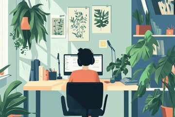 Fototapeta premium Person working at home, surrounded by plants.