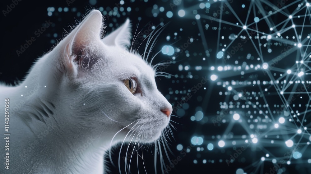 Aufkleber a close-up profile of a white cat illuminated by a glowing network of digital connections against a 