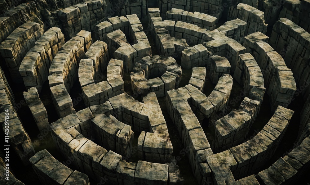 Poster intricate stone maze structure with towering walls, complex pathways, and a central point, showcasin