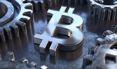 Bitcoin symbol surrounded by metallic gears, representing cryptocurrency technology and industry