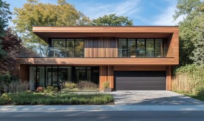 Fototapeta premium Modern wooden house with large windows and garage, surrounded by greenery and trees, showcasing contemporary architecture and design.