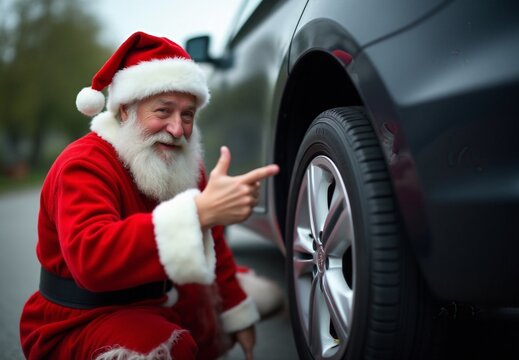 Santa Claus Next to a Car Smiling and Pointing at the Tire
