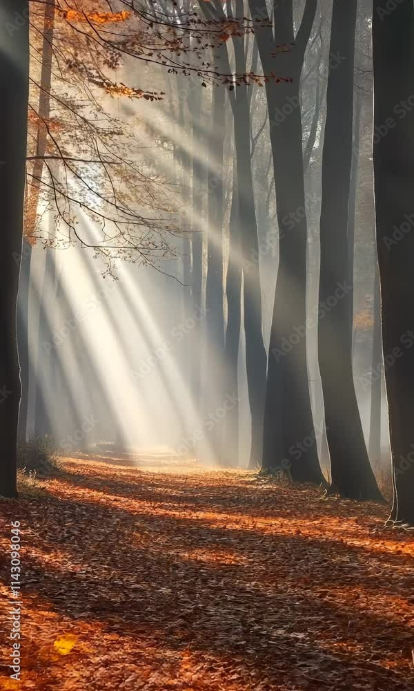 Poster sunlight filters through trees in a serene forest during autumn