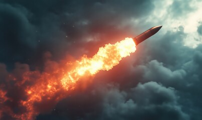 Rocket launch with fiery exhaust against dramatic clouds