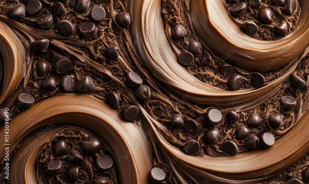 Poster chocolate swirls and cocoa highlights form intricate abstract designs, accented with chocolate chips