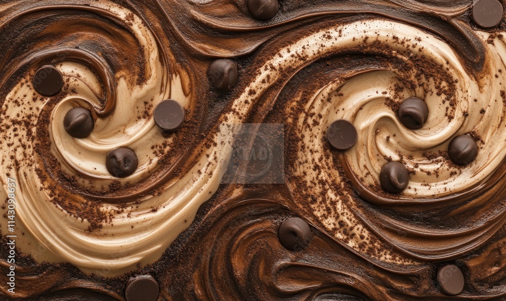 Poster chocolate swirls and cocoa powder scattered artfully in abstract patterns, accented with chocolate c
