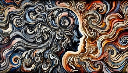 Depict human confusion with swirling, layered patterns and fragmented shapes in contrasting colors, symbolizing mental conflict using Generative AI