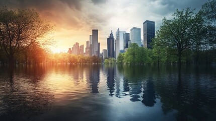 Obraz premium a flooded park in a modern urban city, natural disasters, global warming and climate change concept