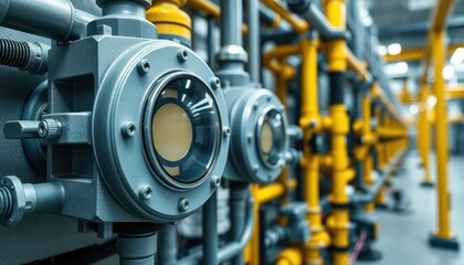 Industrial natural gas facility shows network of gas leak detection sensors. Equipment installed throughout processing plant. Safety tech for monitoring, prevention of gas hazards in pipeline system.