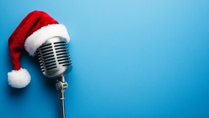 Christmas-themed retro microphone with a Santa hat on a blue background, a concept for Christmas music. Space for text.