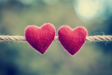 Fototapeta premium Two yarn hearts hang from rope, blurred background.