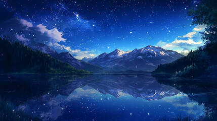 Fototapeta premium Starry night sky reflecting on tranquil lake surrounded by majestic mountains in a serene landscape