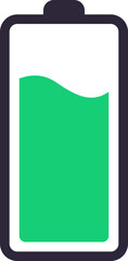 Simple battery icon showing charging status with green liquid filling half of its capacity, representing energy, power, and electricity levels