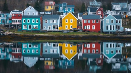 A waterfront town with stacked colorful houses reflected in the calm water.
