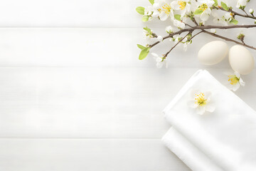 Flat lay mockup of a folded white kitchen towel with light Easter decor on a table, perfect for spring branding. Clean and minimal setup under studio lighting.