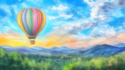 Naklejka premium A whimsical crayon drawing of a hot air balloon floating over a scenic landscape.