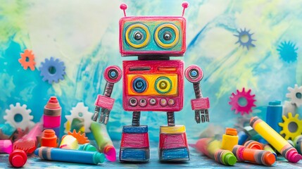 Obraz premium A whimsical crayon drawing of a toy robot with colorful buttons and gears.