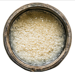 rice fermenting soaking in a barrel of water top view white background