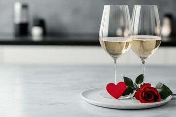 valentines day dinner, valentines day set-up with fancy meal and roses on modern kitchen table for a special romantic evening