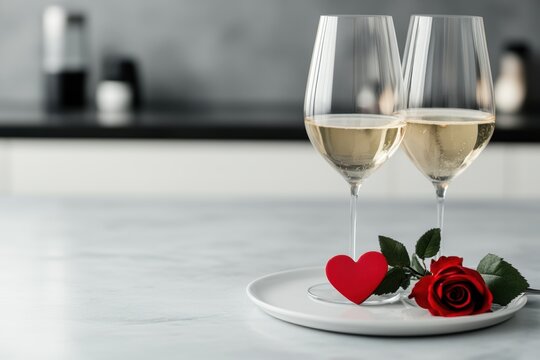valentines day dinner, valentines day set-up with fancy meal and roses on modern kitchen table for a special romantic evening