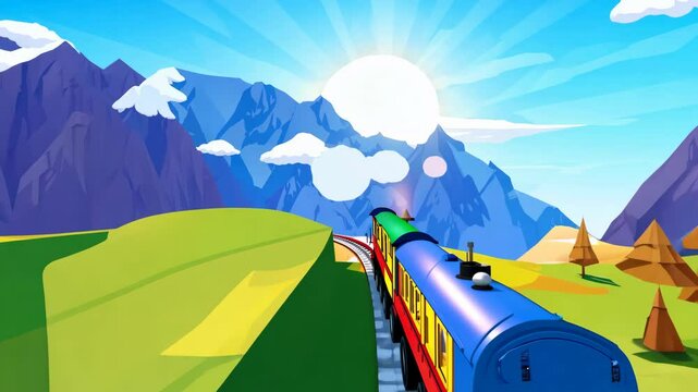 A train is traveling down a track in a mountainous area. The train is blue and yellow. The train is on a track that is surrounded by mountains