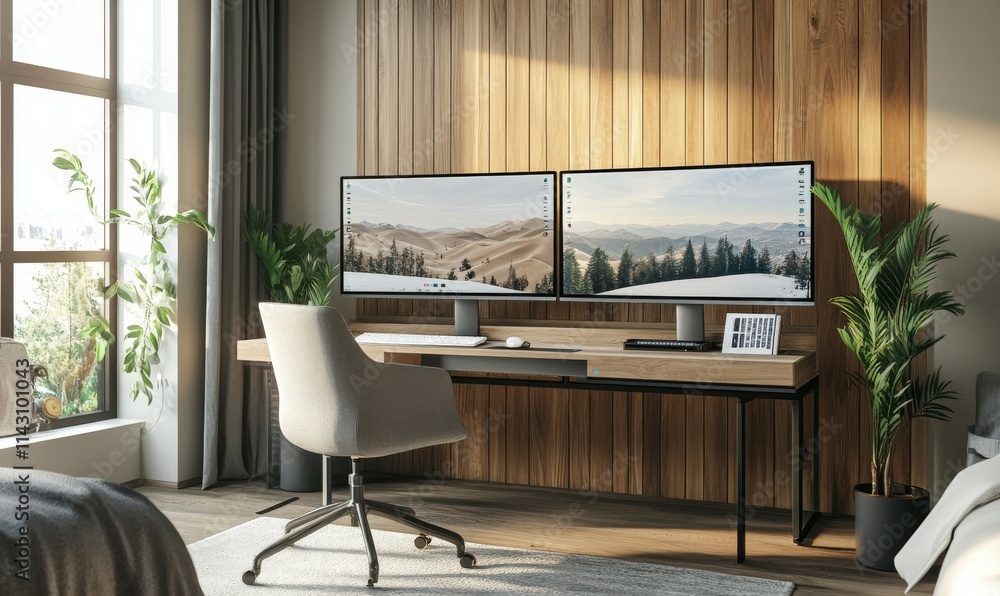 Poster a modern home office setup for a web designer in a cozy bedroom. the workspace features a minimalist