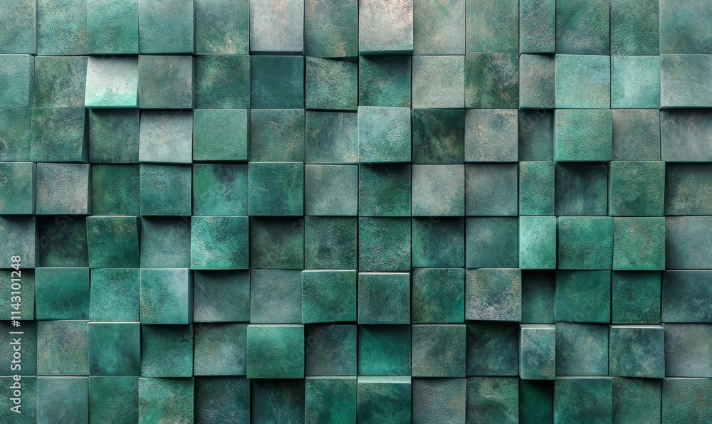 Poster green, square mosaic tiles arranged in the shape of a wall. futuristic, blocks stacked to create a s