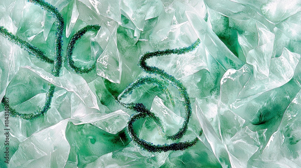 Poster abstract green and white textured background with fluid shapes and patterns resembling algae and ice