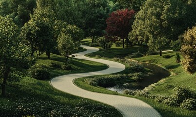 Obraz premium A quiet park with a winding path that splits into multiple forks, symbolizing indecision and the challenge of choosing a single direction. The scene is calm.