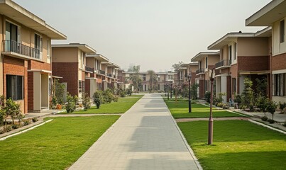 A residential township with a gated society. Each home is a single-story structure with flat roof.