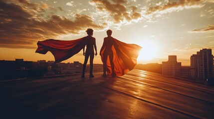 A young superhero duo standing on a rooftop at sunset their capes flowing dramatically in the wind.