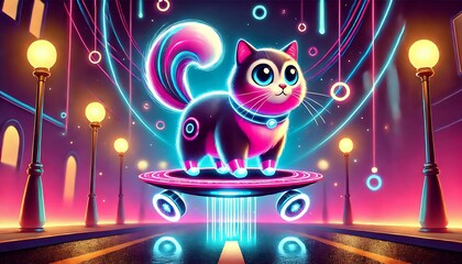 Obraz premium Illustrate whimsical futuristic cat with levitating metallic tails and holographic whiskers, standing on glowing hoverboard in neon-lit world using Generative AI