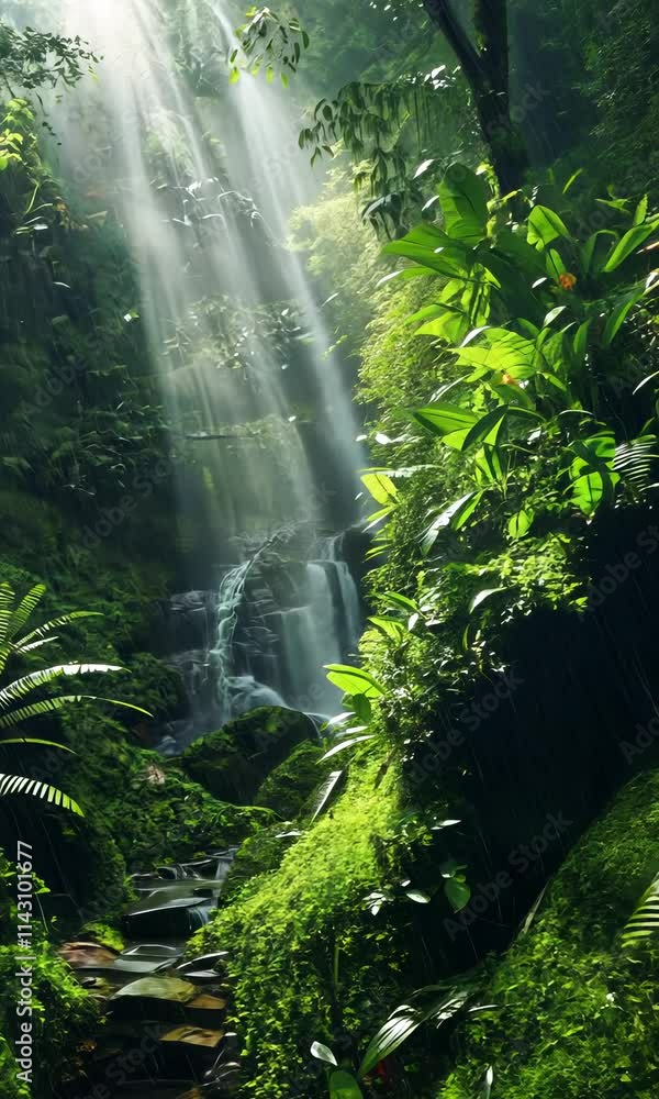 Poster explore a lush green rainforest with sunlight filtering through the trees and a gentle waterfall cas