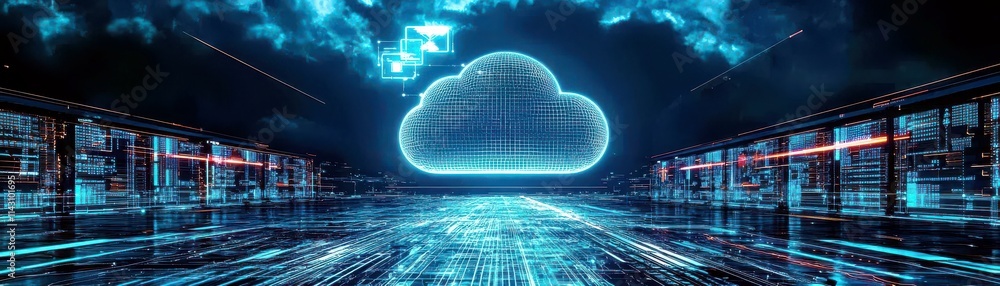 Poster futuristic digital cloud interface with data streams and network connections in a high-tech environm