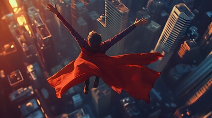 A young superhero with a red cape flying high above a cityscape arms outstretched in triumph.
