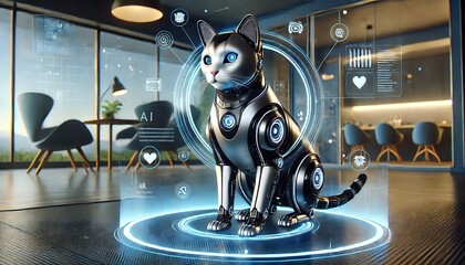 Illustrate futuristic feline AI companion with sleek metallic shell, glowing sensors for eyes, and holographic projections around it in high-tech home setting using Generative AI